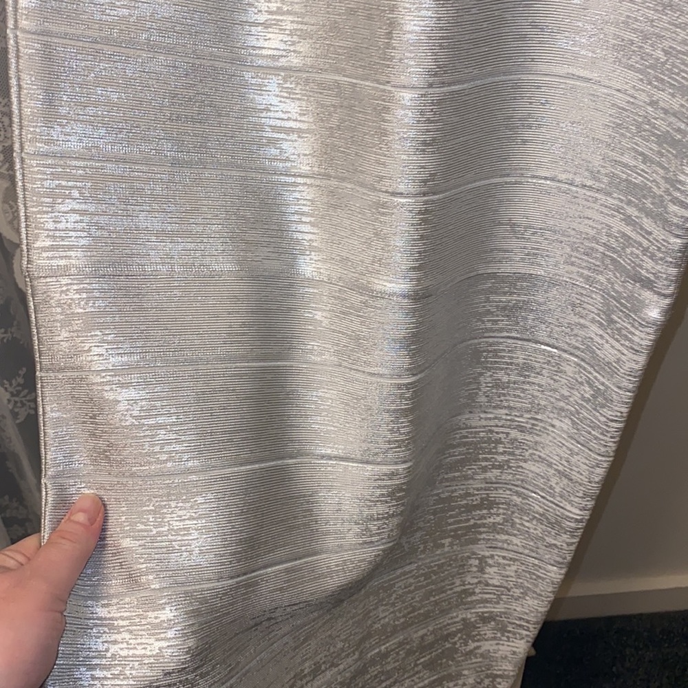 NWT Silver Foil Herve Leger Long Cocktail Dress - Picture 10 of 13